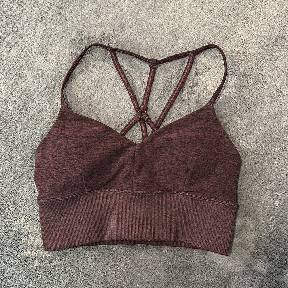Alo Yoga Lavish Bra Size XS Alosoft Maroon Strappy Back Athletic Sports